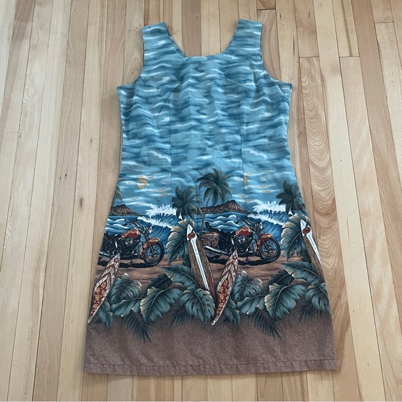 Vintage KY’S Hawaiian Beach Motorcycle Surf Print - Cotton Mini Dress - Sz M-L - Picture 2 of 13